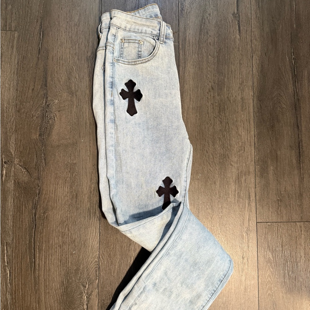 Fashion Nova Blue and Black Straight Leg Jeans with Decorative Patches